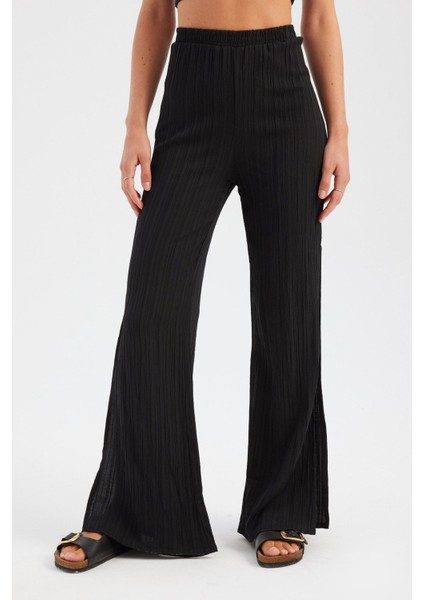 Kadın Yüksek Bel Yan Kesimli Satende Büzgülü Bol Paça Pantolon Black