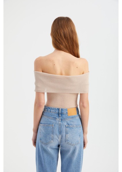 Kadın Örme Nervürlü Kısa Kollu Crop Top Bej Doğal
