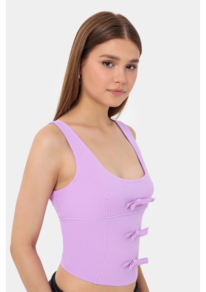 Kadın Yırtmaç Detaylı Askısız Vücut Şekillendirici Üst Purple