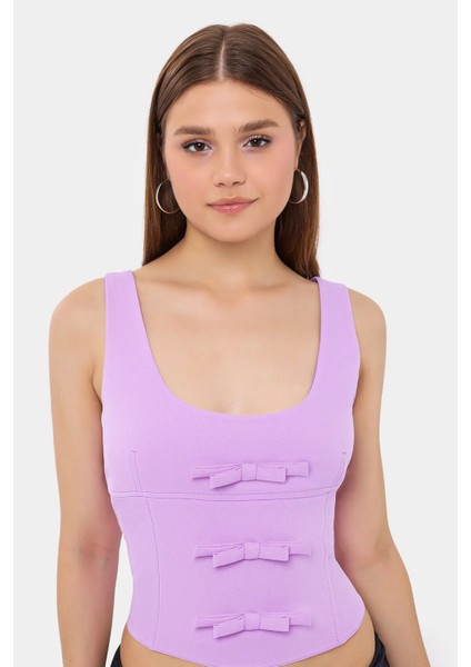 Kadın Yırtmaç Detaylı Askısız Vücut Şekillendirici Üst Purple