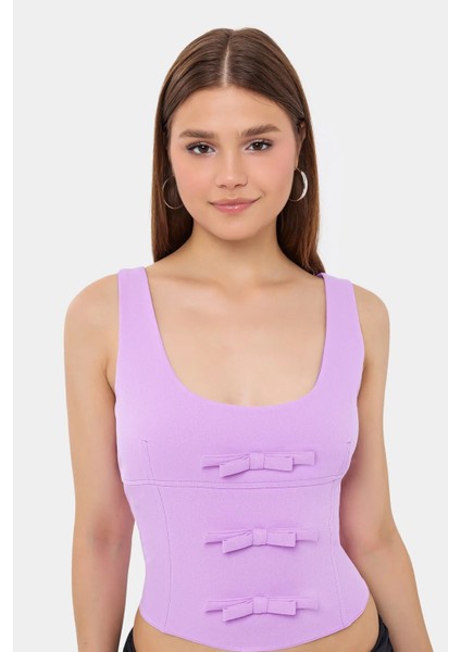 Kadın Yırtmaç Detaylı Askısız Vücut Şekillendirici Üst Purple