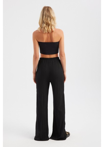 Kadın Yüksek Bel Yan Kesimli Satende Büzgülü Bol Paça Pantolon Black