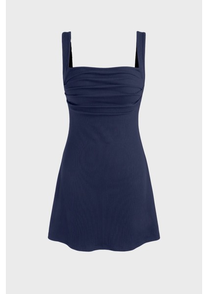 Kadın Kırışıklıklı Kare Yaka Mini Elbise Blue