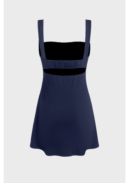 Kadın Kırışıklıklı Kare Yaka Mini Elbise Blue