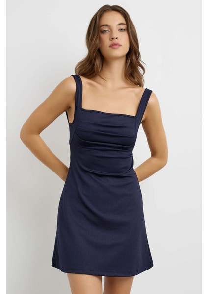 Kadın Kırışıklıklı Kare Yaka Mini Elbise Blue