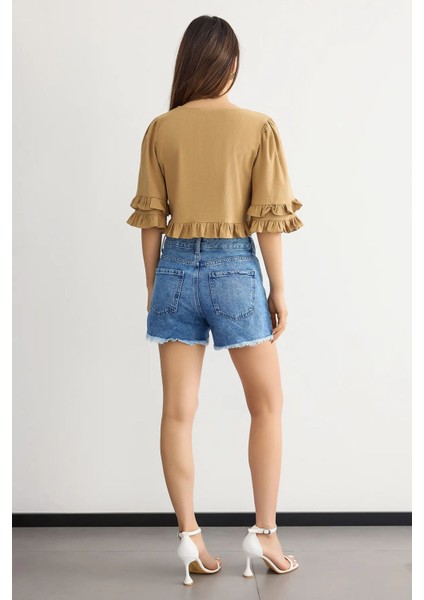 Kadın Kırpılmış V-Yaka Volanlı Bluz Brown