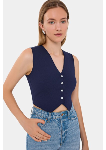 Kadın Kolsuz Örme Crop Süeter Yelek Blue