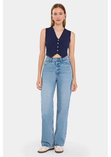 Kadın Kolsuz Örme Crop Süeter Yelek Blue