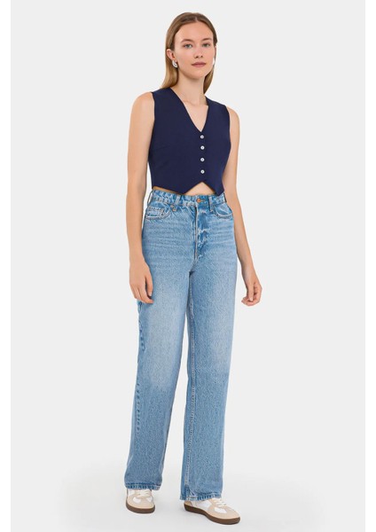 Kadın Kolsuz Örme Crop Süeter Yelek Blue