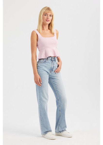 Kadın Kare Yaka Örme Volanlı Bluz Allık Pembe