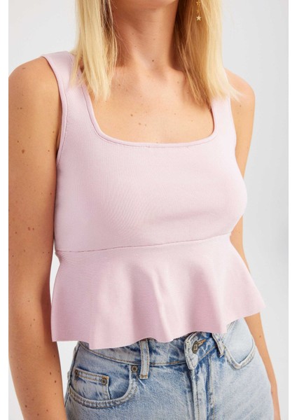 Kadın Kare Yaka Örme Volanlı Bluz Allık Pembe