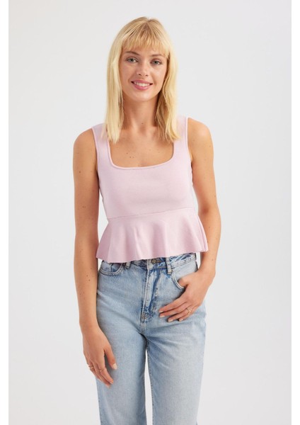 Kadın Kare Yaka Örme Volanlı Bluz Allık Pembe