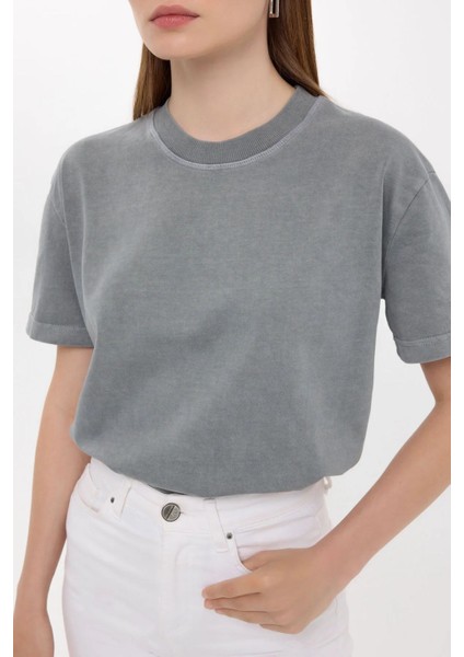 Kadın Gündelik Düz Bisiklet Yaka Tişört Grey