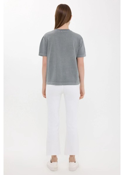 Kadın Gündelik Düz Bisiklet Yaka Tişört Grey