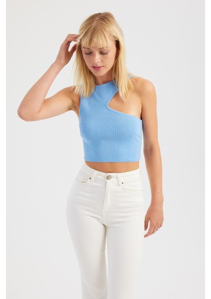 Kadın Bust Kesikli Bisiklet Yaka Örme Crop Top Blue