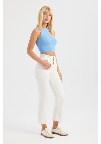 Kadın Bust Kesikli Bisiklet Yaka Örme Crop Top Blue