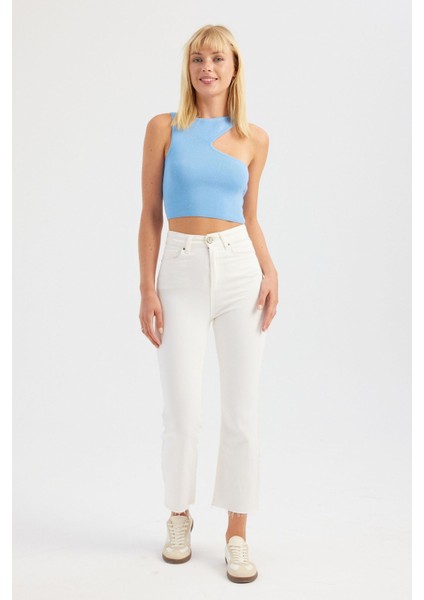 Kadın Bust Kesikli Bisiklet Yaka Örme Crop Top Blue