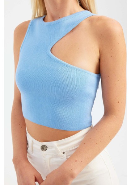 Kadın Bust Kesikli Bisiklet Yaka Örme Crop Top Blue