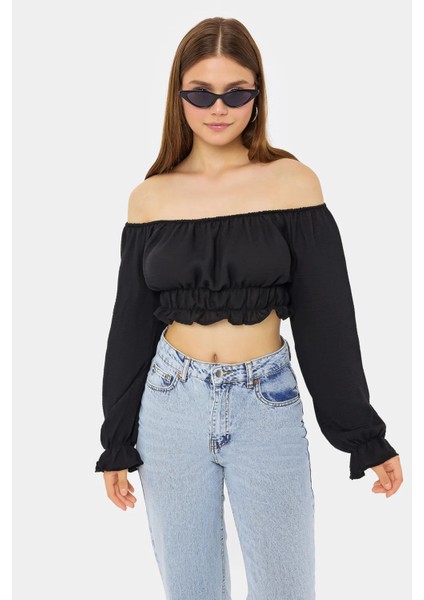 Kadın Omuzdan Askılı, Uzun Kollu ve Pilili Detaylı Keten Kısa Üst Black