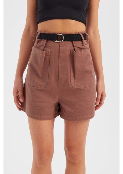 Kadın Pamuklu Yüksek Bel Cep Detaylı Şortlar Brown