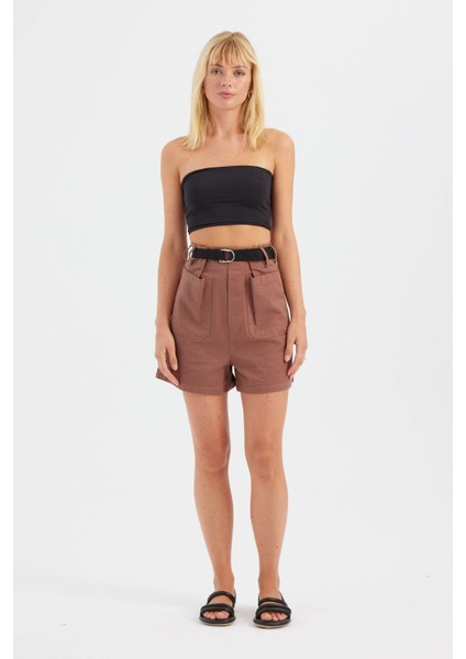 Kadın Pamuklu Yüksek Bel Cep Detaylı Şortlar Brown