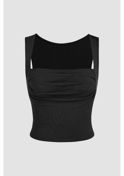 Kadın Drape Kare Yaka Bluz Siyah