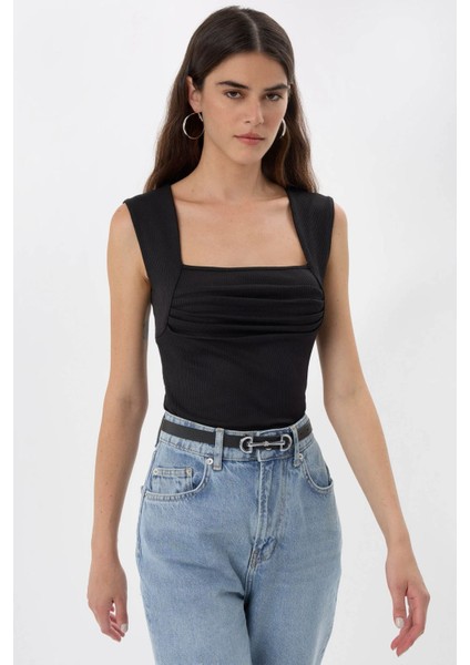 Kadın Drape Kare Yaka Bluz Siyah