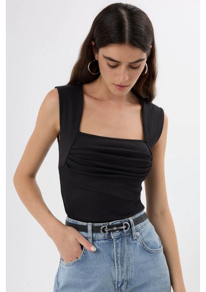 Kadın Drape Kare Yaka Bluz Siyah