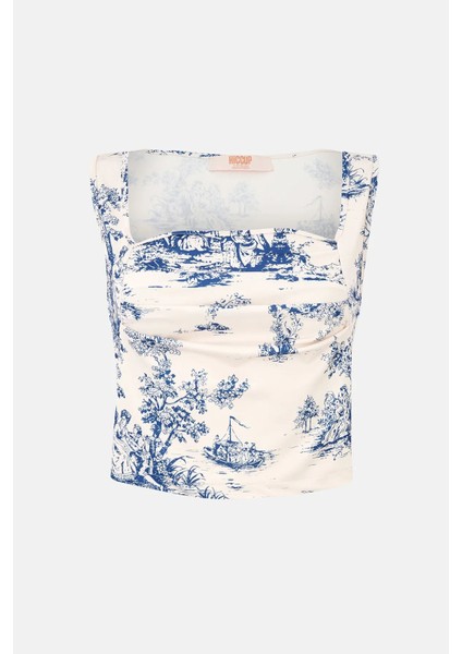 Kadın Kolsuz Desenli Bluz Blue