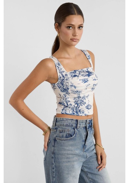 Kadın Kolsuz Desenli Bluz Blue