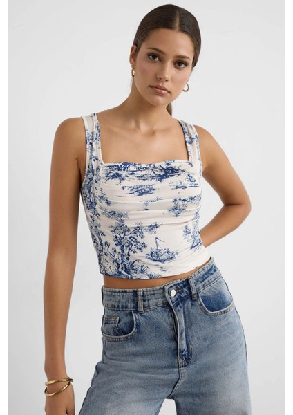 Kadın Kolsuz Desenli Bluz Blue