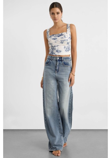 Kadın Kolsuz Desenli Bluz Blue