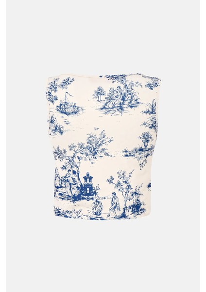 Kadın Kolsuz Desenli Bluz Blue