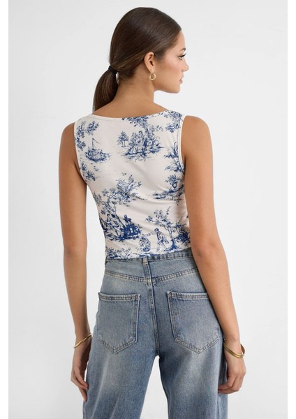 Kadın Kolsuz Desenli Bluz Blue