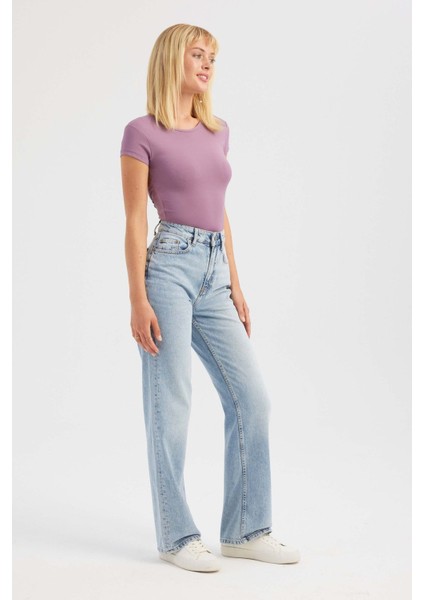 Kadın Yuvarlak Yaka Çapraz Arka Kısa Kollu Crop Top Purple
