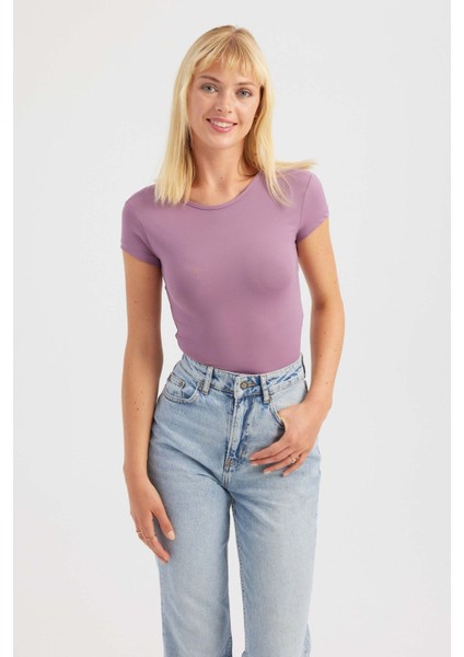 Kadın Yuvarlak Yaka Çapraz Arka Kısa Kollu Crop Top Purple
