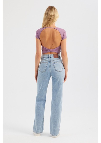 Kadın Yuvarlak Yaka Çapraz Arka Kısa Kollu Crop Top Purple