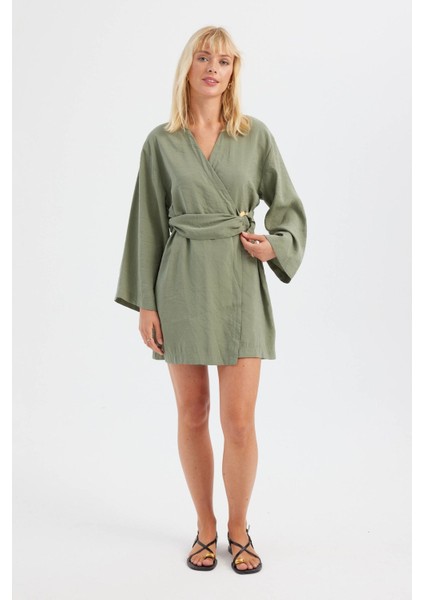 Kadın Kemer Detaylı V Yaka Uzun Kollu Mini Elbise Green