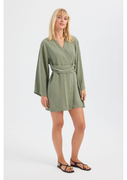 Kadın Kemer Detaylı V Yaka Uzun Kollu Mini Elbise Green