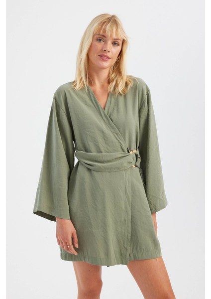 Kadın Kemer Detaylı V Yaka Uzun Kollu Mini Elbise Green