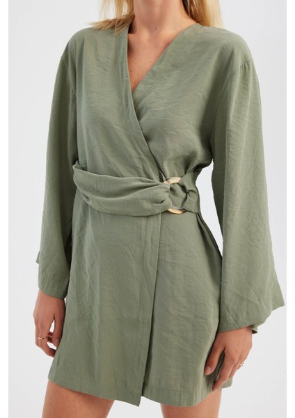 Kadın Kemer Detaylı V Yaka Uzun Kollu Mini Elbise Green
