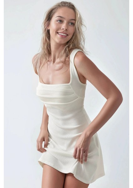 Kadın Kırışıklıklı Kare Yaka Mini Elbise White