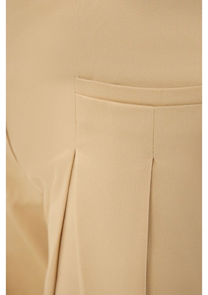 Kadın Plili Geniş Bacak Yüksek Bel Pantolon Natural