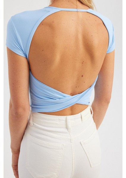 Kadın Yuvarlak Yaka Çapraz Arka Kısa Kollu Crop Top Blue