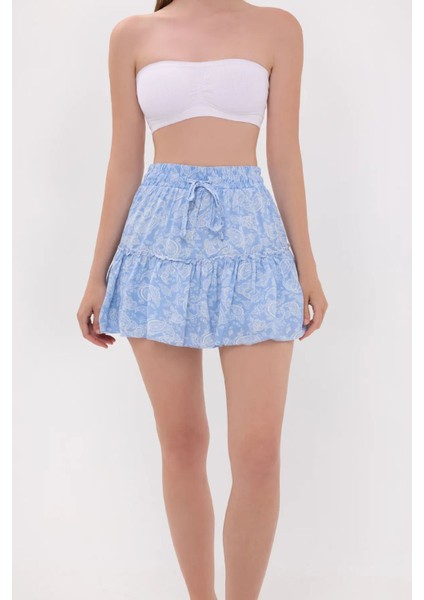 Kadın Desenli Yüksek Bel Dokuma Mini Etek Blue