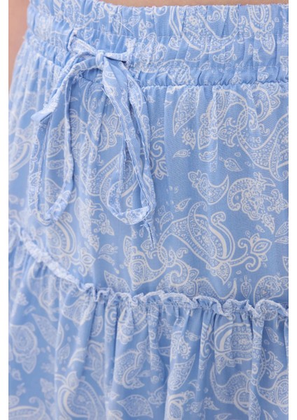 Kadın Desenli Yüksek Bel Dokuma Mini Etek Blue