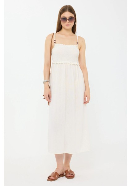 Kadın Sıkmalı İnce Askılı Midi Elbise Natural