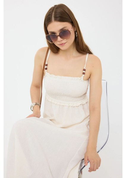 Kadın Sıkmalı İnce Askılı Midi Elbise Natural