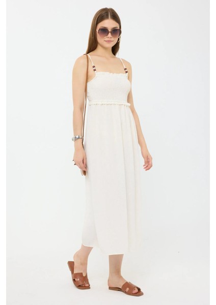Kadın Sıkmalı İnce Askılı Midi Elbise Natural