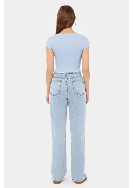 Kadın Temel Yuvarlak Yaka Kısa Kollu Crop Top Blue